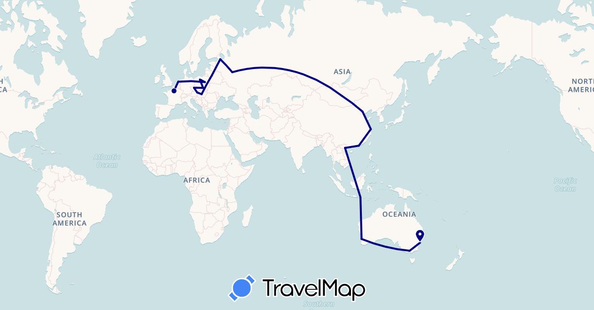 TravelMap itinerary: driving in Austria, Australia, China, Czech Republic, France, Hong Kong, Hungary, Indonesia, Lithuania, Mongolia, Netherlands, Poland, Russia, Vietnam (Asia, Europe, Oceania)